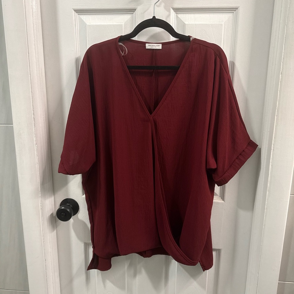 ChicSoul Wine-Red V-Neck Draped Wrap Blouse